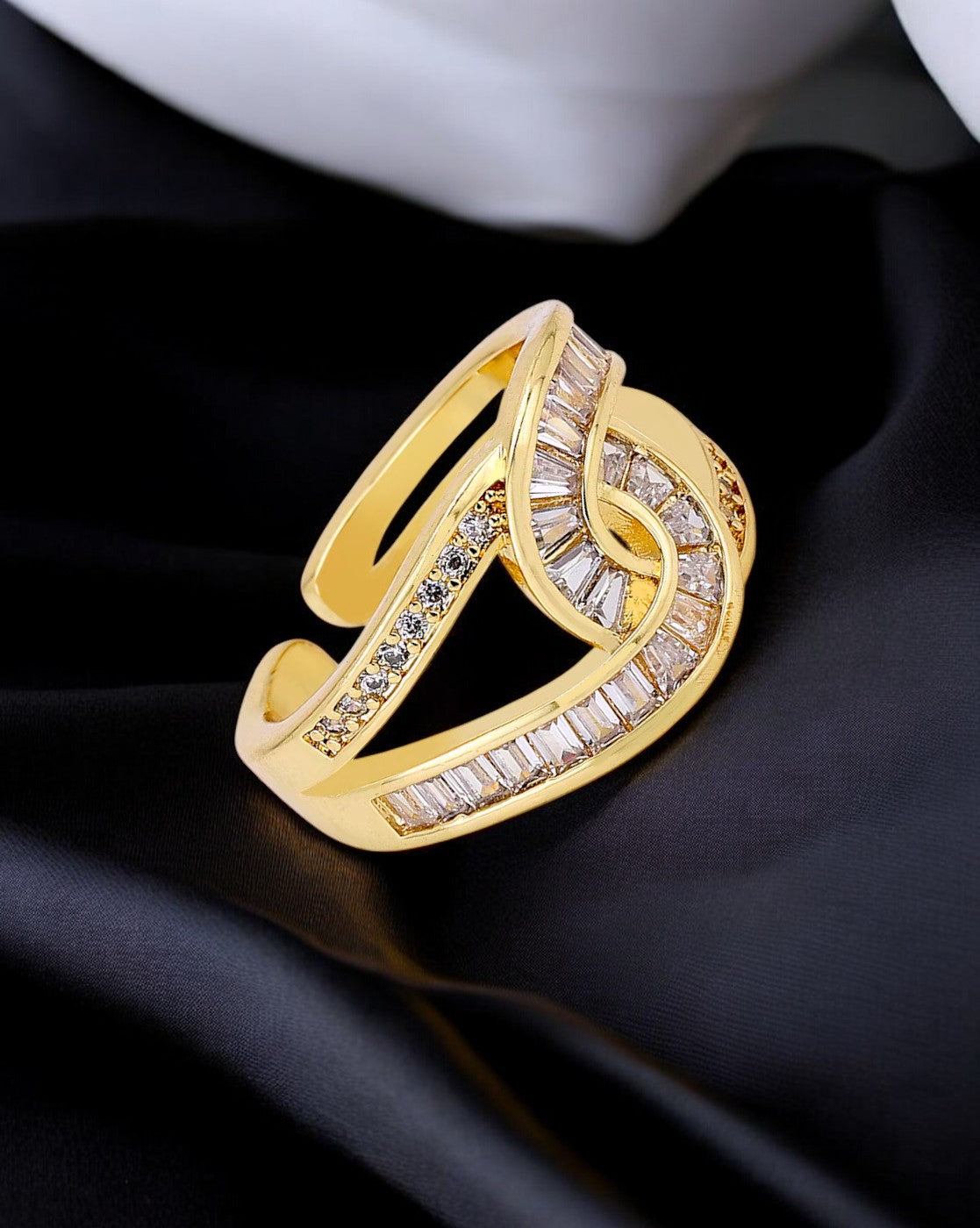 18K Gold-Plated Adjustable Finger Rings | Trendy Twisted Stackable Statement Ring with Stones (300-CHFA-1053)