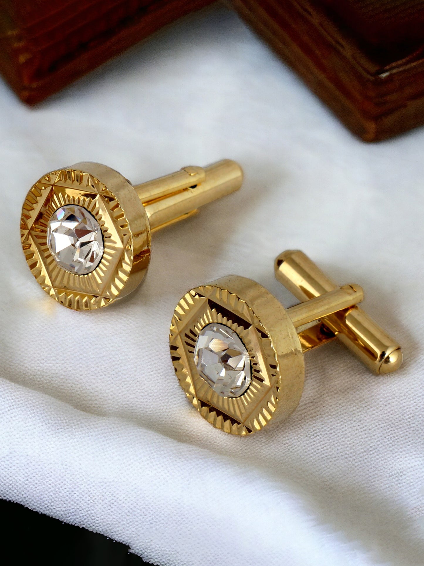 Lucky Jewellery Unique Men Jewelry White Color Stone Gold Plated Sleeve Button Formal Cuff Button Wedding Shirt Button, Suit, Blazer Cufflinks Pair Gift Set for Men (300-M4C54-STDCM42)