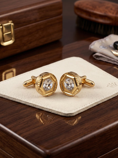 Lucky Jewellery Unique Men Jewelry White Color Stone Gold Plated Sleeve Button Formal Cuff Button Wedding Shirt Button, Suit, Blazer Cufflinks Pair Gift Set for Men (300-M4C54-STDCM42)