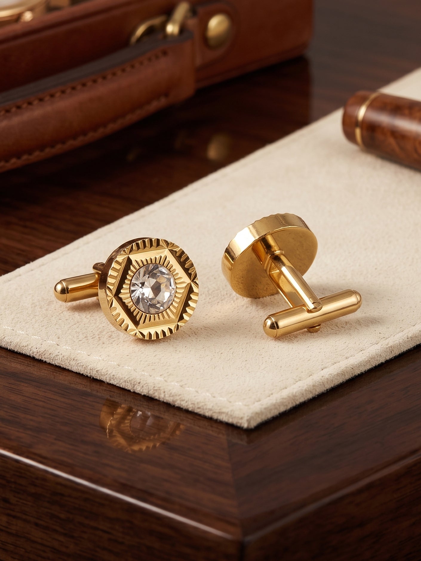 Lucky Jewellery Unique Men Jewelry White Color Stone Gold Plated Sleeve Button Formal Cuff Button Wedding Shirt Button, Suit, Blazer Cufflinks Pair Gift Set for Men (300-M4C54-STDCM42)