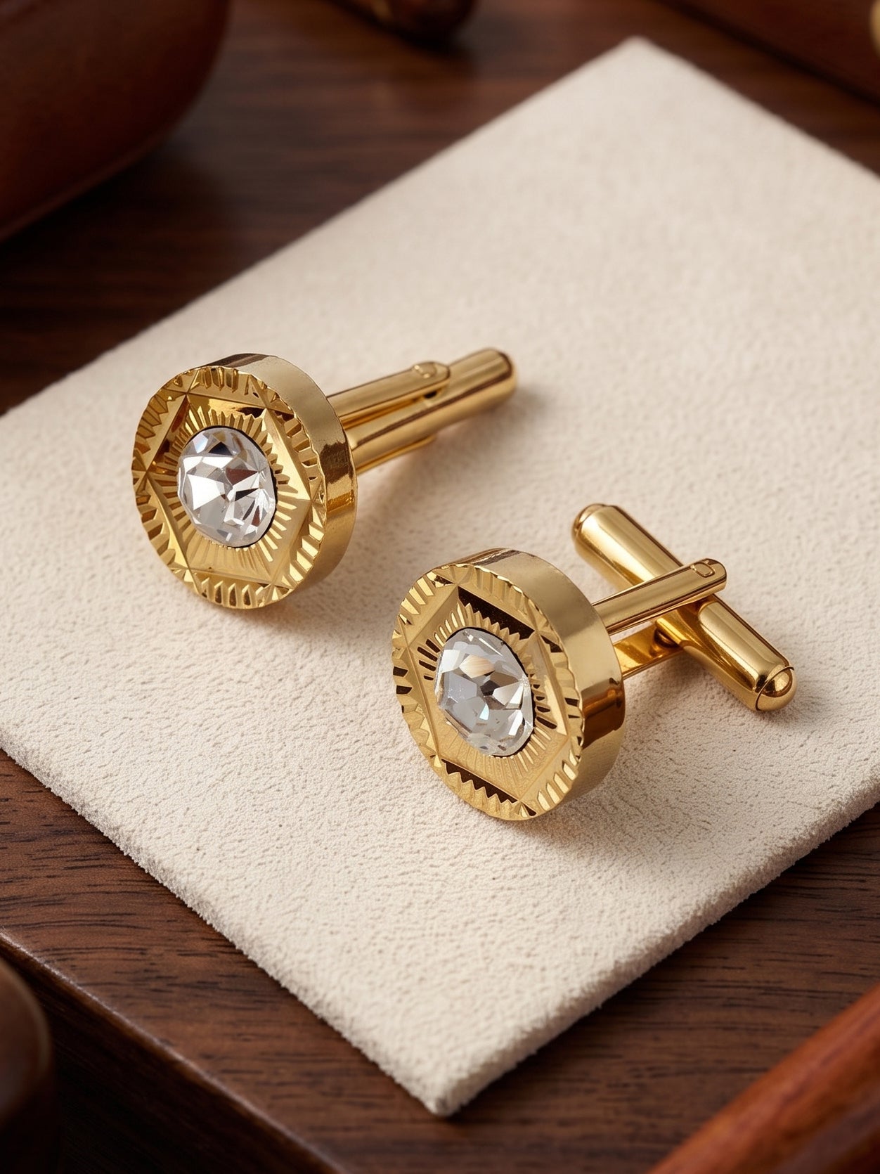 Lucky Jewellery Unique Men Jewelry White Color Stone Gold Plated Sleeve Button Formal Cuff Button Wedding Shirt Button, Suit, Blazer Cufflinks Pair Gift Set for Men (300-M4C54-STDCM42)