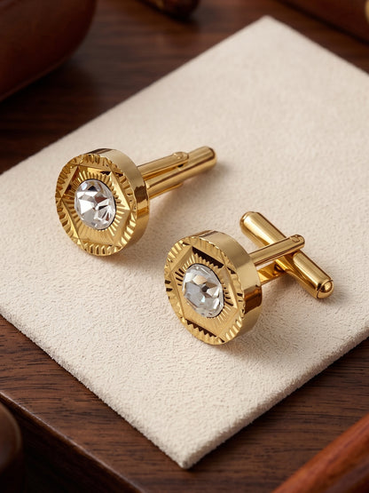 Lucky Jewellery Unique Men Jewelry White Color Stone Gold Plated Sleeve Button Formal Cuff Button Wedding Shirt Button, Suit, Blazer Cufflinks Pair Gift Set for Men (300-M4C54-STDCM42)
