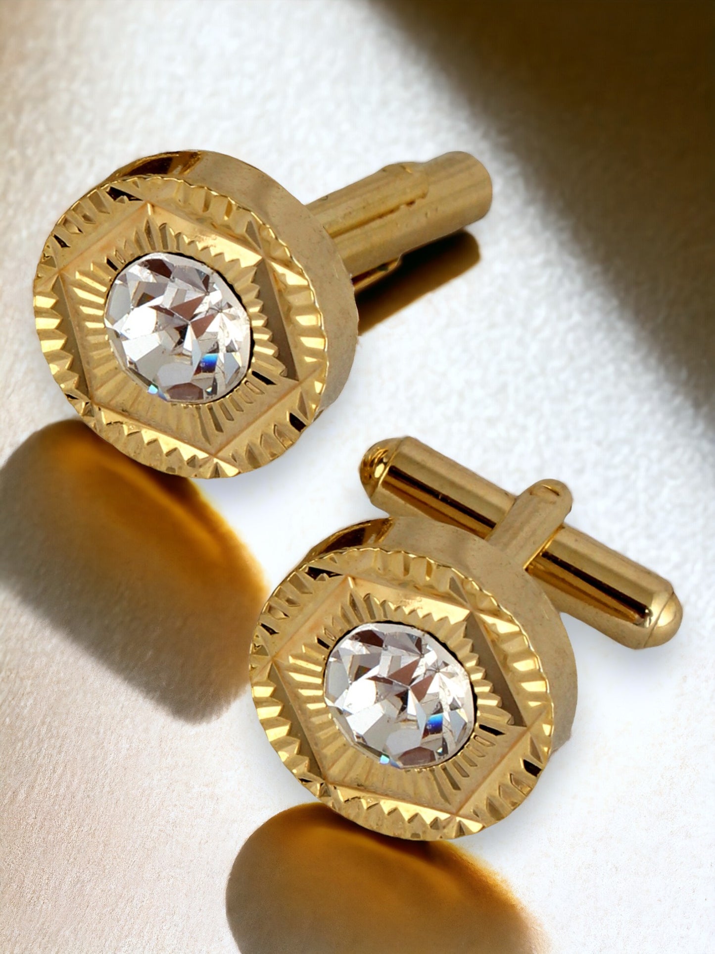 Lucky Jewellery Unique Men Jewelry White Color Stone Gold Plated Sleeve Button Formal Cuff Button Wedding Shirt Button, Suit, Blazer Cufflinks Pair Gift Set for Men (300-M4C54-STDCM42)