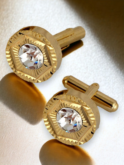Lucky Jewellery Unique Men Jewelry White Color Stone Gold Plated Sleeve Button Formal Cuff Button Wedding Shirt Button, Suit, Blazer Cufflinks Pair Gift Set for Men (300-M4C54-STDCM42)