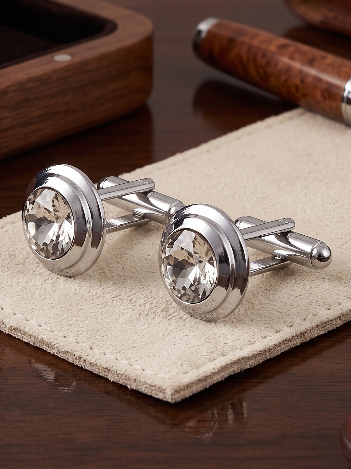 Lucky Jewellery Unique Men Jewelry White Stone Gold Plated Sleeve Button Formal Cuff Button Wedding Shirt Button, Suit, Blazer Cufflinks with Matching Tie Pin Gift Set for Men (307-M4C5-CR10MMT-W-S)