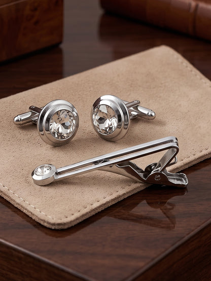 Lucky Jewellery Unique Men Jewelry White Stone Gold Plated Sleeve Button Formal Cuff Button Wedding Shirt Button, Suit, Blazer Cufflinks with Matching Tie Pin Gift Set for Men (307-M4C5-CR10MMT-W-S)
