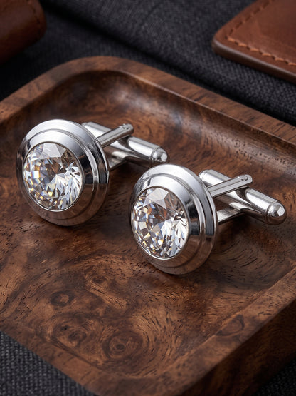 Lucky Jewellery Unique Men Jewelry White Stone Gold Plated Sleeve Button Formal Cuff Button Wedding Shirt Button, Suit, Blazer Cufflinks with Matching Tie Pin Gift Set for Men (307-M4C5-CR10MMT-W-S)