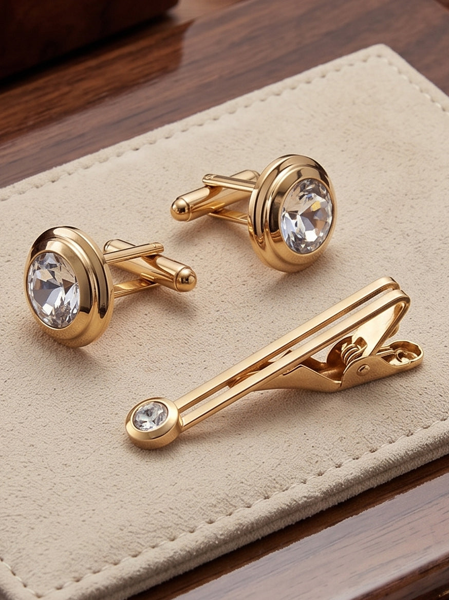 Lucky Jewellery Unique Men Jewelry White Stone Gold Plated Sleeve Button Formal Cuff Button Wedding Shirt Button, Suit, Blazer Cufflinks with Matching Tie Pin Gift Set for Men (307-M4C5-CR10MMT-W)
