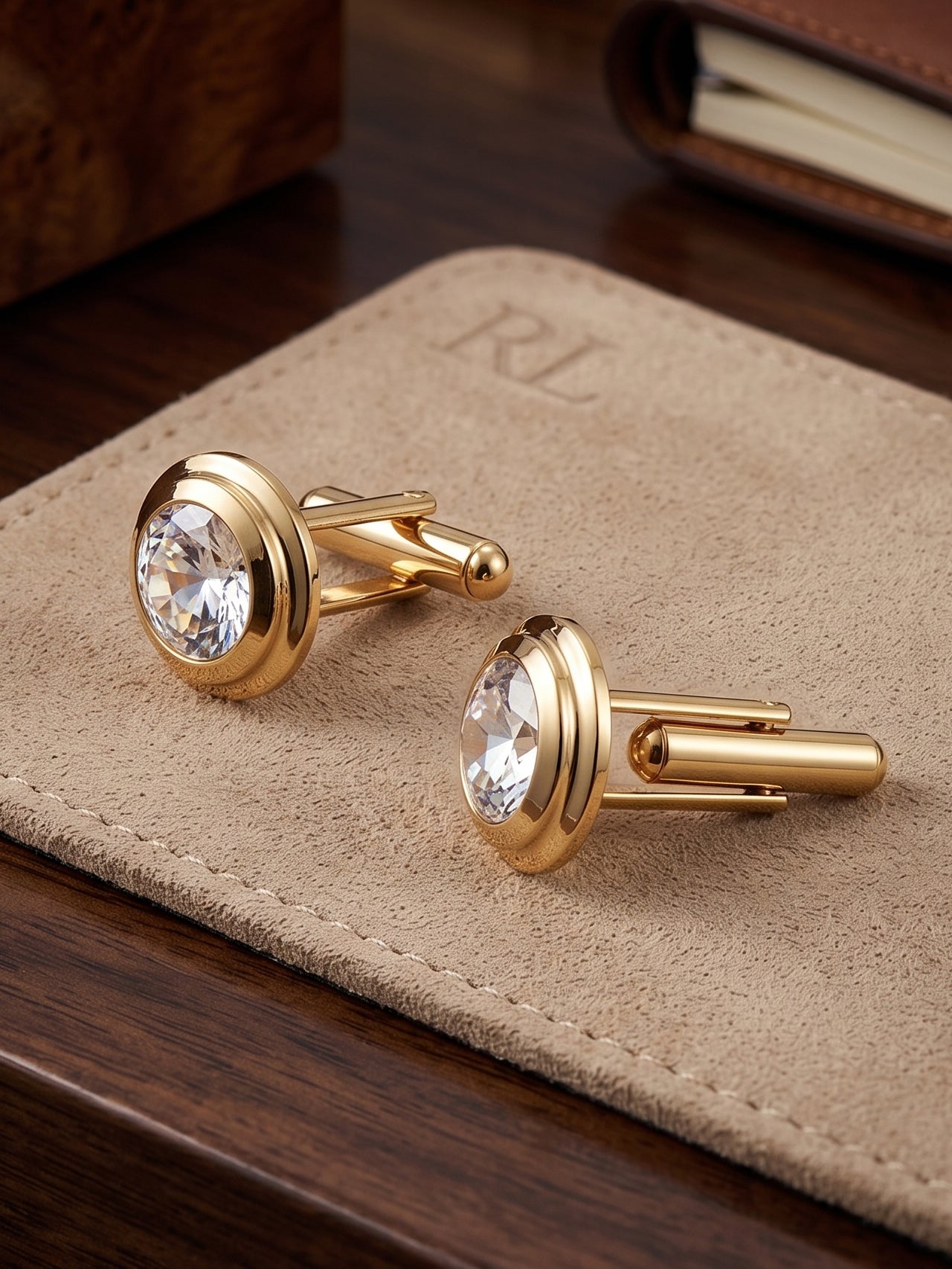 Lucky Jewellery Unique Men Jewelry White Stone Gold Plated Sleeve Button Formal Cuff Button Wedding Shirt Button, Suit, Blazer Cufflinks with Matching Tie Pin Gift Set for Men (307-M4C5-CR10MMT-W)