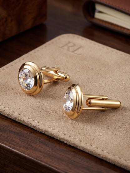 Lucky Jewellery Unique Men Jewelry White Stone Gold Plated Sleeve Button Formal Cuff Button Wedding Shirt Button, Suit, Blazer Cufflinks with Matching Tie Pin Gift Set for Men (307-M4C5-CR10MMT-W)
