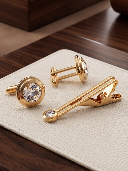 Lucky Jewellery Unique Men Jewelry White Stone Gold Plated Sleeve Button Formal Cuff Button Wedding Shirt Button, Suit, Blazer Cufflinks with Matching Tie Pin Gift Set for Men (307-M4C5-CR10MMT-W)