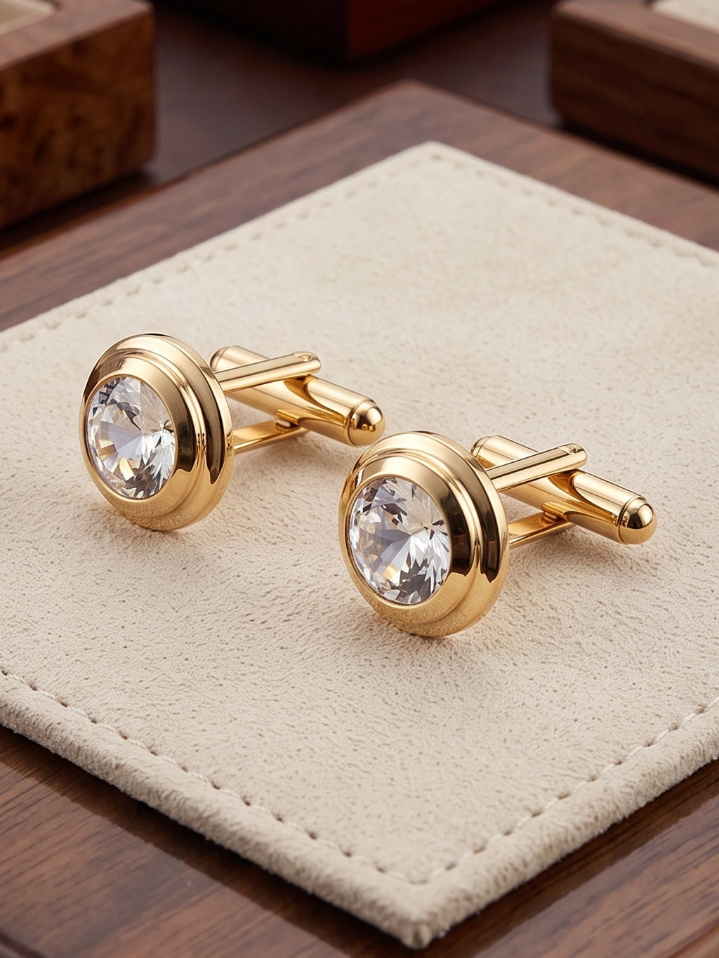 Lucky Jewellery Unique Men Jewelry White Stone Gold Plated Sleeve Button Formal Cuff Button Wedding Shirt Button, Suit, Blazer Cufflinks with Matching Tie Pin Gift Set for Men (307-M4C5-CR10MMT-W)