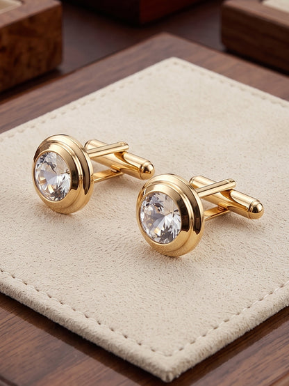 Lucky Jewellery Unique Men Jewelry White Stone Gold Plated Sleeve Button Formal Cuff Button Wedding Shirt Button, Suit, Blazer Cufflinks with Matching Tie Pin Gift Set for Men (307-M4C5-CR10MMT-W)