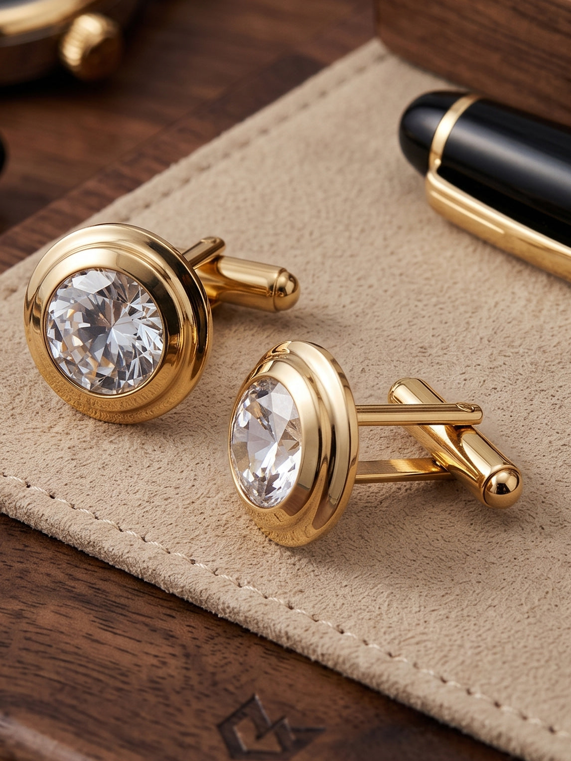 Lucky Jewellery Unique Men Jewelry White Stone Gold Plated Sleeve Button Formal Cuff Button Wedding Shirt Button, Suit, Blazer Cufflinks with Matching Tie Pin Gift Set for Men (307-M4C5-CR10MMT-W)