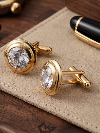 Lucky Jewellery Unique Men Jewelry White Stone Gold Plated Sleeve Button Formal Cuff Button Wedding Shirt Button, Suit, Blazer Cufflinks with Matching Tie Pin Gift Set for Men (307-M4C5-CR10MMT-W)