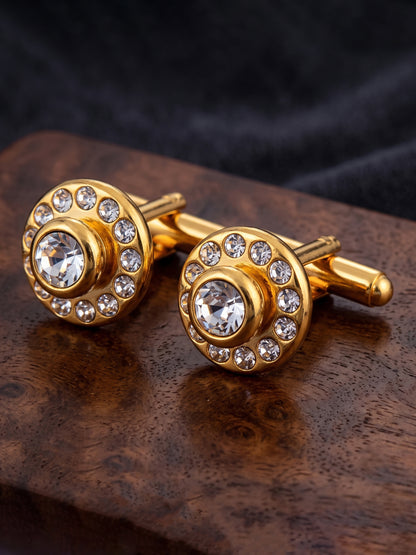 Lucky Jewellery Unique Men Jewelry White Color Stone Gold Plated Sleeve Button Formal Cuff Button Wedding Shirt Button, Suit, Blazer Cufflinks Pair Gift Set for Men (307-M4C54-CR10MMT-W)