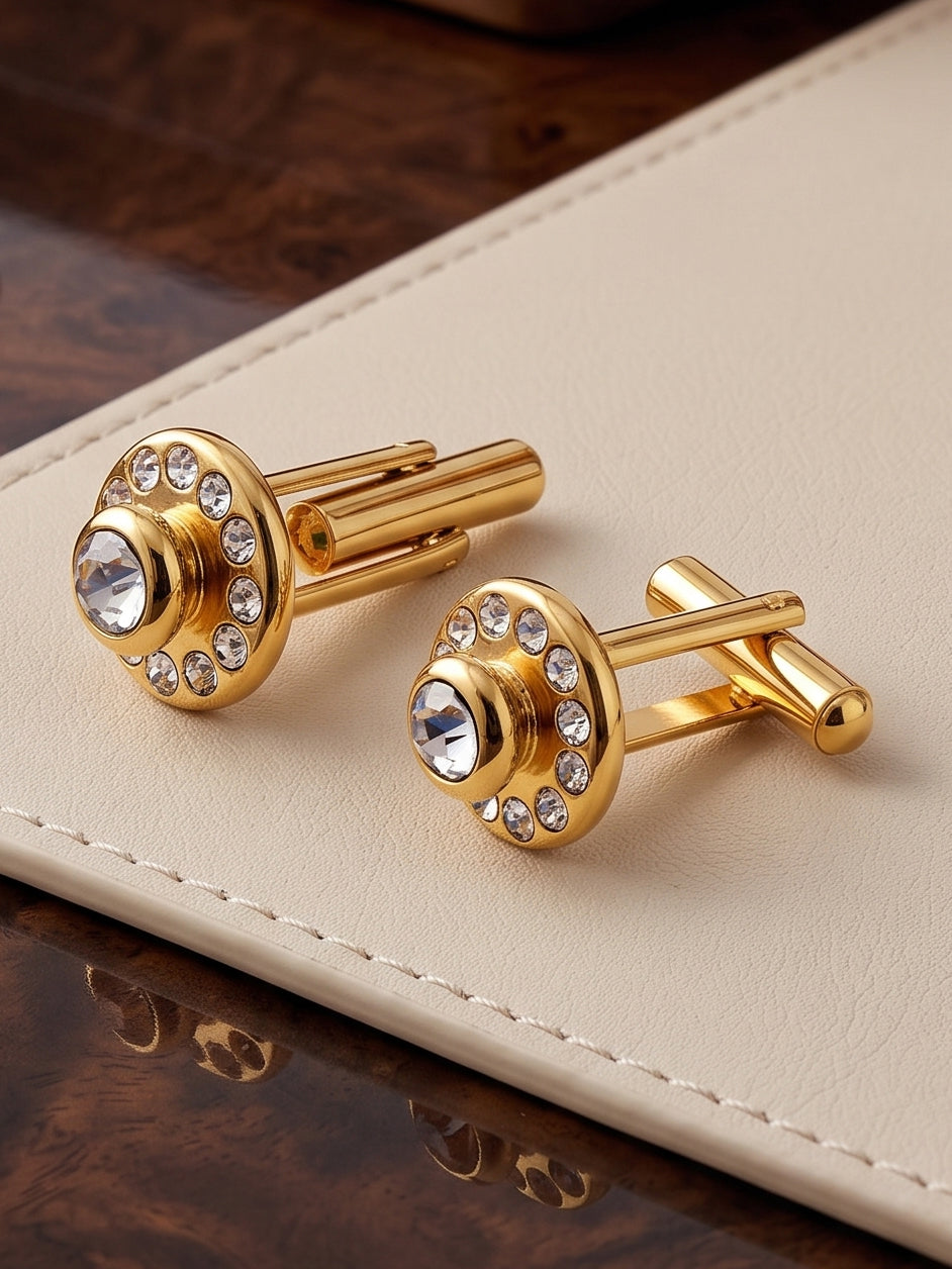 Lucky Jewellery Unique Men Jewelry White Color Stone Gold Plated Sleeve Button Formal Cuff Button Wedding Shirt Button, Suit, Blazer Cufflinks with Matching Tie Pin Gift Set For Men (307-M4C5-DSM24-W)