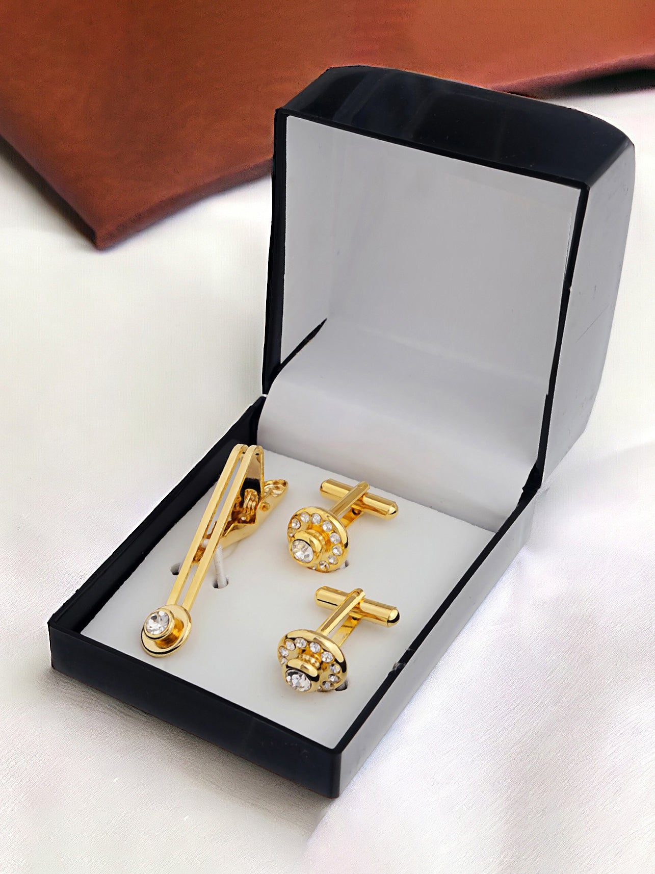 Lucky Jewellery Unique Men Jewelry White Color Stone Gold Plated Sleeve Button Formal Cuff Button Wedding Shirt Button, Suit, Blazer Cufflinks with Matching Tie Pin Gift Set For Men (307-M4C5-DSM24-W)