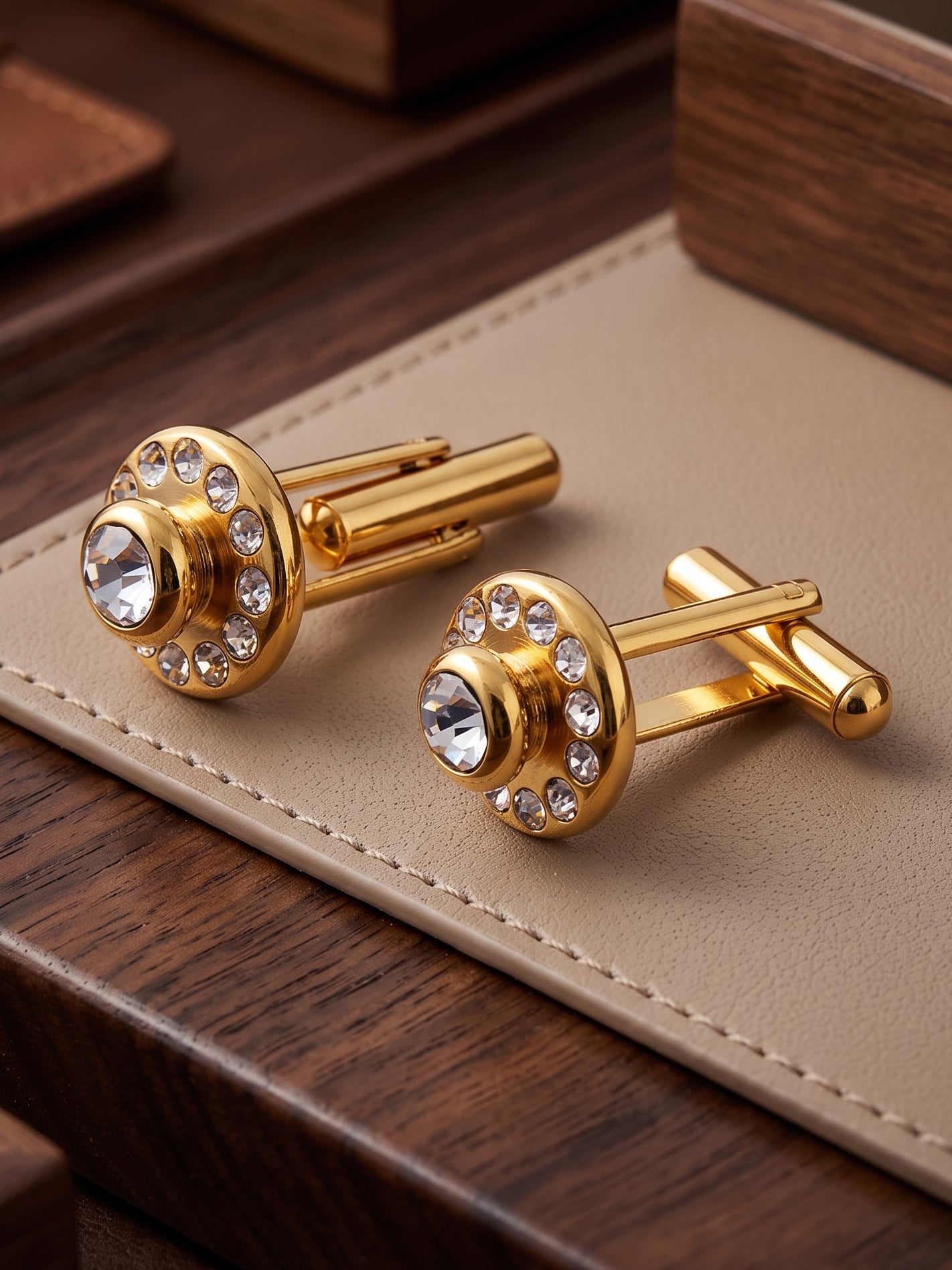 Lucky Jewellery Unique Men Jewelry White Color Stone Gold Plated Sleeve Button Formal Cuff Button Wedding Shirt Button, Suit, Blazer Cufflinks with Matching Tie Pin Gift Set For Men (307-M4C5-DSM24-W)