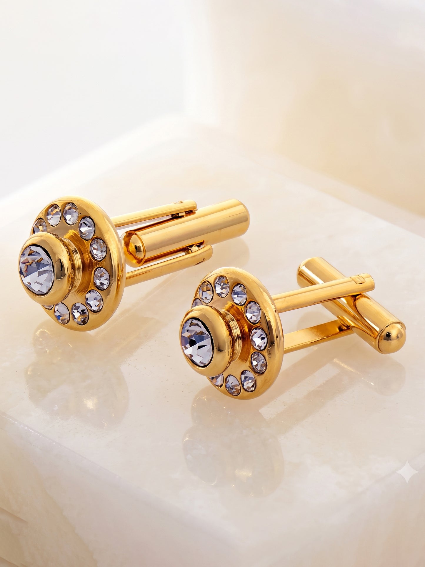 Lucky Jewellery Unique Men Jewelry White Color Stone Gold Plated Sleeve Button Formal Cuff Button Wedding Shirt Button, Suit, Blazer Cufflinks Pair Gift Set for Men (307-M4C54-CR10MMT-W)