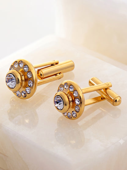 Lucky Jewellery Unique Men Jewelry White Color Stone Gold Plated Sleeve Button Formal Cuff Button Wedding Shirt Button, Suit, Blazer Cufflinks Pair Gift Set for Men (307-M4C54-CR10MMT-W)