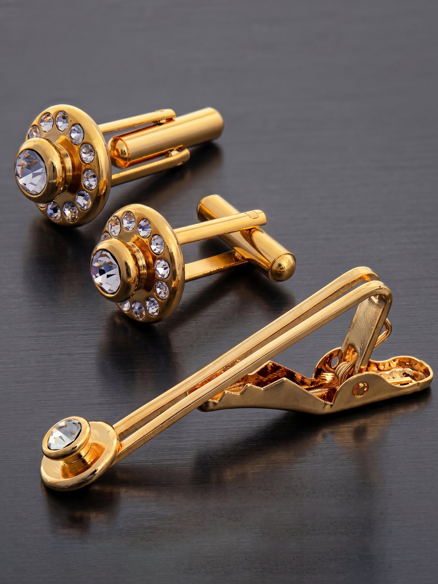 Lucky Jewellery Unique Men Jewelry White Color Stone Gold Plated Sleeve Button Formal Cuff Button Wedding Shirt Button, Suit, Blazer Cufflinks with Matching Tie Pin Gift Set For Men (307-M4C5-DSM24-W)