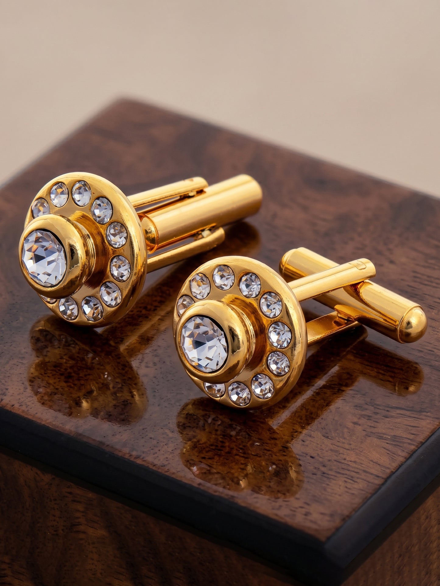 Lucky Jewellery Unique Men Jewelry White Color Stone Gold Plated Sleeve Button Formal Cuff Button Wedding Shirt Button, Suit, Blazer Cufflinks with Matching Tie Pin Gift Set For Men (307-M4C5-DSM24-W)