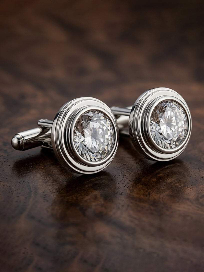 Lucky Jewellery Unique Men Jewelry White Color Stone Silver Plated Sleeve Button Formal Cuff Button Wedding Shirt Button, Suit, Blazer Cufflinks Pair Gift Set for Men (307-M4C54-CR10MMT-W-S)