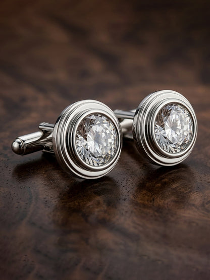 Lucky Jewellery Unique Men Jewelry White Color Stone Silver Plated Sleeve Button Formal Cuff Button Wedding Shirt Button, Suit, Blazer Cufflinks Pair Gift Set for Men (307-M4C54-CR10MMT-W-S)