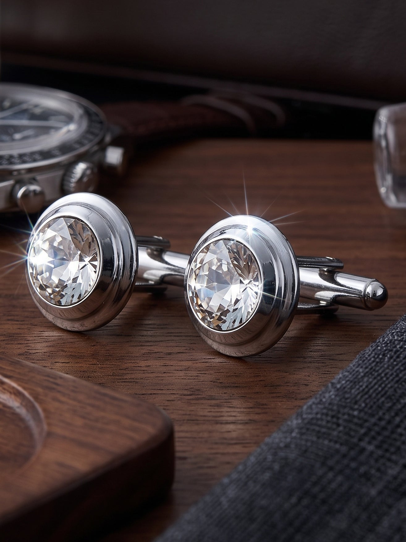 Lucky Jewellery Unique Men Jewelry White Color Stone Silver Plated Sleeve Button Formal Cuff Button Wedding Shirt Button, Suit, Blazer Cufflinks Pair Gift Set for Men (307-M4C54-CR10MMT-W-S)