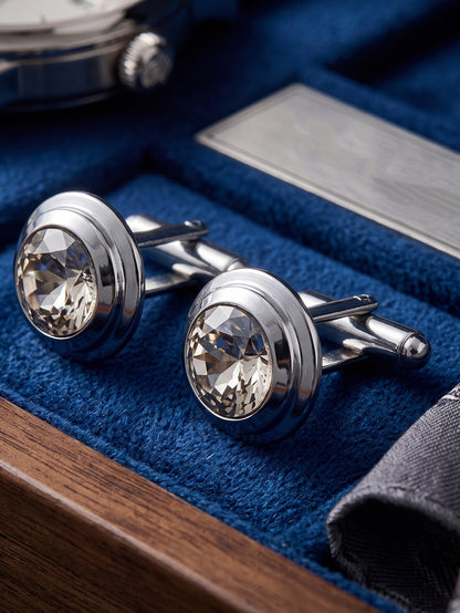 Lucky Jewellery Unique Men Jewelry White Color Stone Silver Plated Sleeve Button Formal Cuff Button Wedding Shirt Button, Suit, Blazer Cufflinks Pair Gift Set for Men (307-M4C54-CR10MMT-W-S)