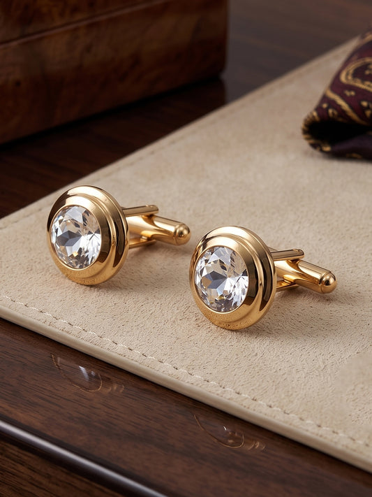 Lucky Jewellery Unique Men Jewelry White Color Stone Gold Plated Sleeve Button Formal Cuff Button Wedding Shirt Button, Suit, Blazer Cufflinks Pair Gift Set for Men (307-M4C54-DSM24-W)