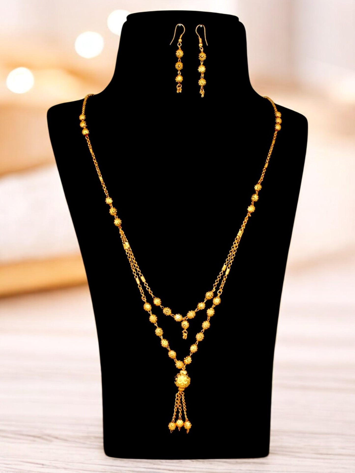 18K Gold-Plated Necklace with Earrings Double Line Tasseled Pendant Set (327-M7SG-2060)