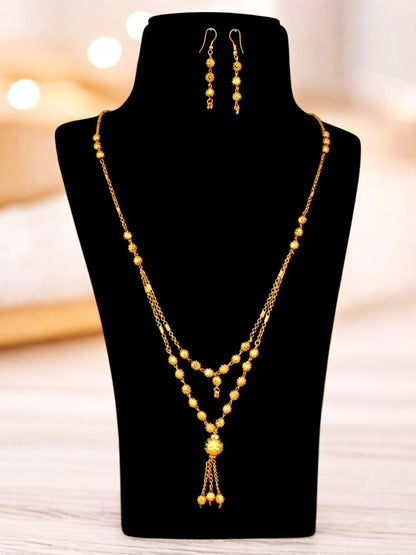18K Gold-Plated Necklace with Earrings Double Line Tasseled Pendant Set (327-M7SG-2060)