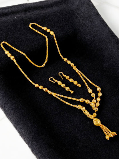 18K Gold-Plated Necklace with Earrings Double Line Tasseled Pendant Set (327-M7SG-2060)