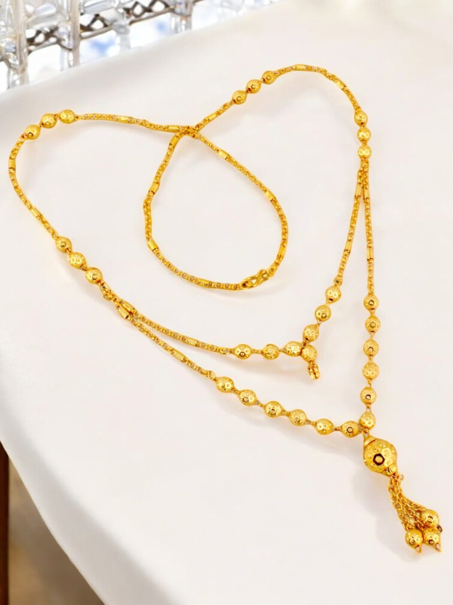 18K Gold-Plated Necklace with Earrings Double Line Tasseled Pendant Set (327-M7SG-2060)