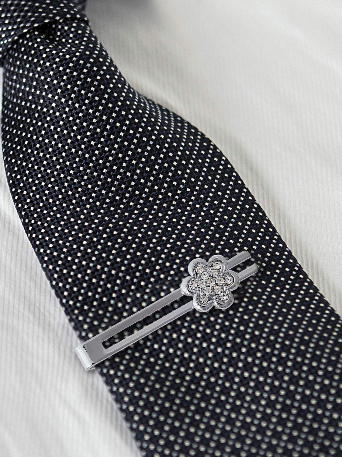 Lucky Jewellery Unique Men Jewelry Stone Silver Plated Floral Design Sleeve Formal Cuff Button Wedding Shirt Button, Suit, Blazer Cufflink with Matching Tie Pin Gift Set For Men (330-M4C5-CRA5566-W-S)