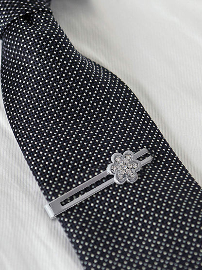 Lucky Jewellery Unique Men Jewelry Stone Silver Plated Floral Design Sleeve Formal Cuff Button Wedding Shirt Button, Suit, Blazer Cufflink with Matching Tie Pin Gift Set For Men (330-M4C5-CRA5566-W-S)