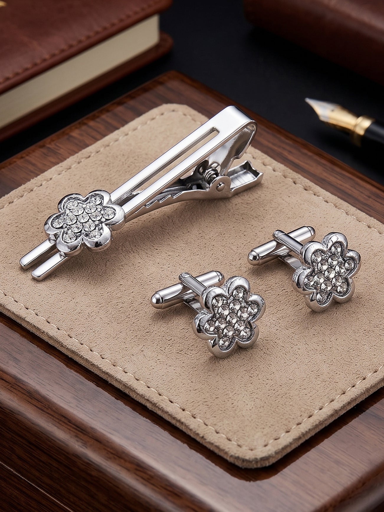Lucky Jewellery Unique Men Jewelry Stone Silver Plated Floral Design Sleeve Formal Cuff Button Wedding Shirt Button, Suit, Blazer Cufflink with Matching Tie Pin Gift Set For Men (330-M4C5-CRA5566-W-S)