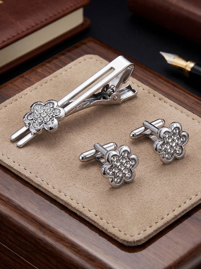 Lucky Jewellery Unique Men Jewelry Stone Silver Plated Floral Design Sleeve Formal Cuff Button Wedding Shirt Button, Suit, Blazer Cufflink with Matching Tie Pin Gift Set For Men (330-M4C5-CRA5566-W-S)