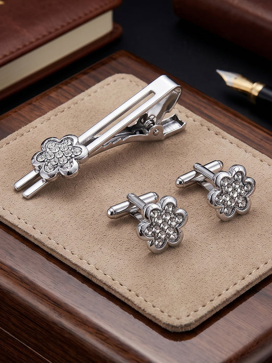 Lucky Jewellery Unique Men Jewelry Stone Silver Plated Floral Design Sleeve Formal Cuff Button Wedding Shirt Button, Suit, Blazer Cufflink with Matching Tie Pin Gift Set For Men (330-M4C5-CRA5566-W-S)