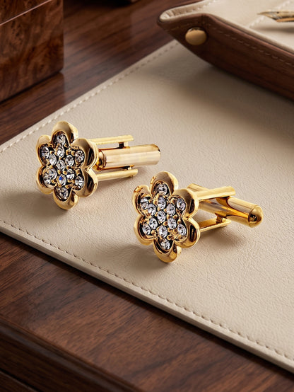 Lucky Jewellery Unique Men Jewelry Stone Gold Plated Floral Design Sleeve Formal Cuff Button Wedding Shirt Button, Suit, Blazer Cufflinks with Matching Tie Pin Gift Set For Men (330-M4C5-CRA5566-W)