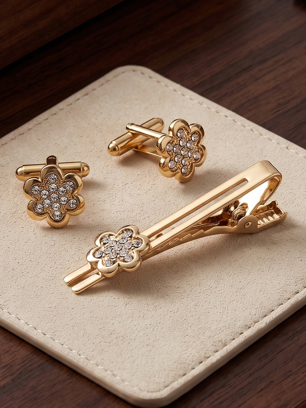 Lucky Jewellery Unique Men Jewelry Stone Gold Plated Floral Design Sleeve Formal Cuff Button Wedding Shirt Button, Suit, Blazer Cufflinks with Matching Tie Pin Gift Set For Men (330-M4C5-CRA5566-W)
