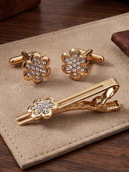 Lucky Jewellery Unique Men Jewelry Stone Gold Plated Floral Design Sleeve Formal Cuff Button Wedding Shirt Button, Suit, Blazer Cufflinks with Matching Tie Pin Gift Set For Men (330-M4C5-CRA5566-W)