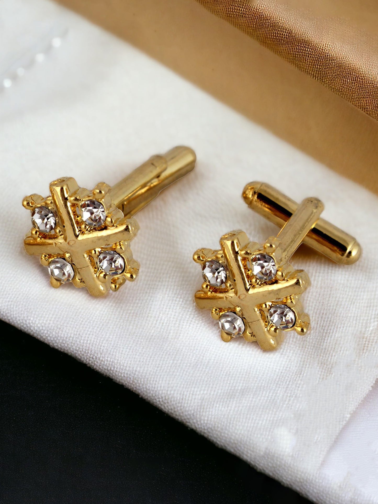 Lucky Jewellery Unique Men Jewelry White Color Stone Gold Plated Sleeve Button Formal Cuff Button Wedding Shirt Button, Suit, Blazer Cufflinks Pair Gift Set for Men (330-M4C54-A5208)