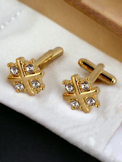 Lucky Jewellery Unique Men Jewelry White Color Stone Gold Plated Sleeve Button Formal Cuff Button Wedding Shirt Button, Suit, Blazer Cufflinks Pair Gift Set for Men (330-M4C54-A5208)