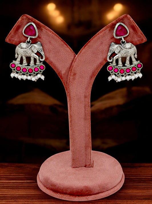 Trendy Celebrity Inspired Earring For Girls & Women | Oxidised Silver Elephant Design Earing Set