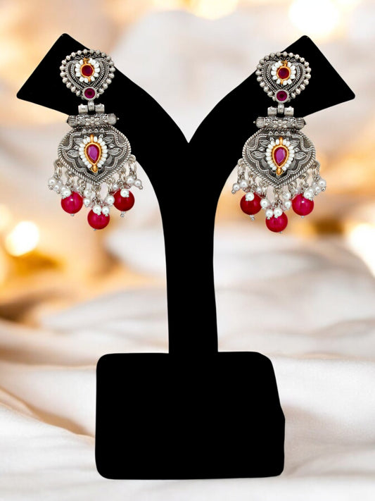 Trendy Celebrity Inspired Oxidised Silver Earring For Girls & Women|Black Metal Magenta Earing Set