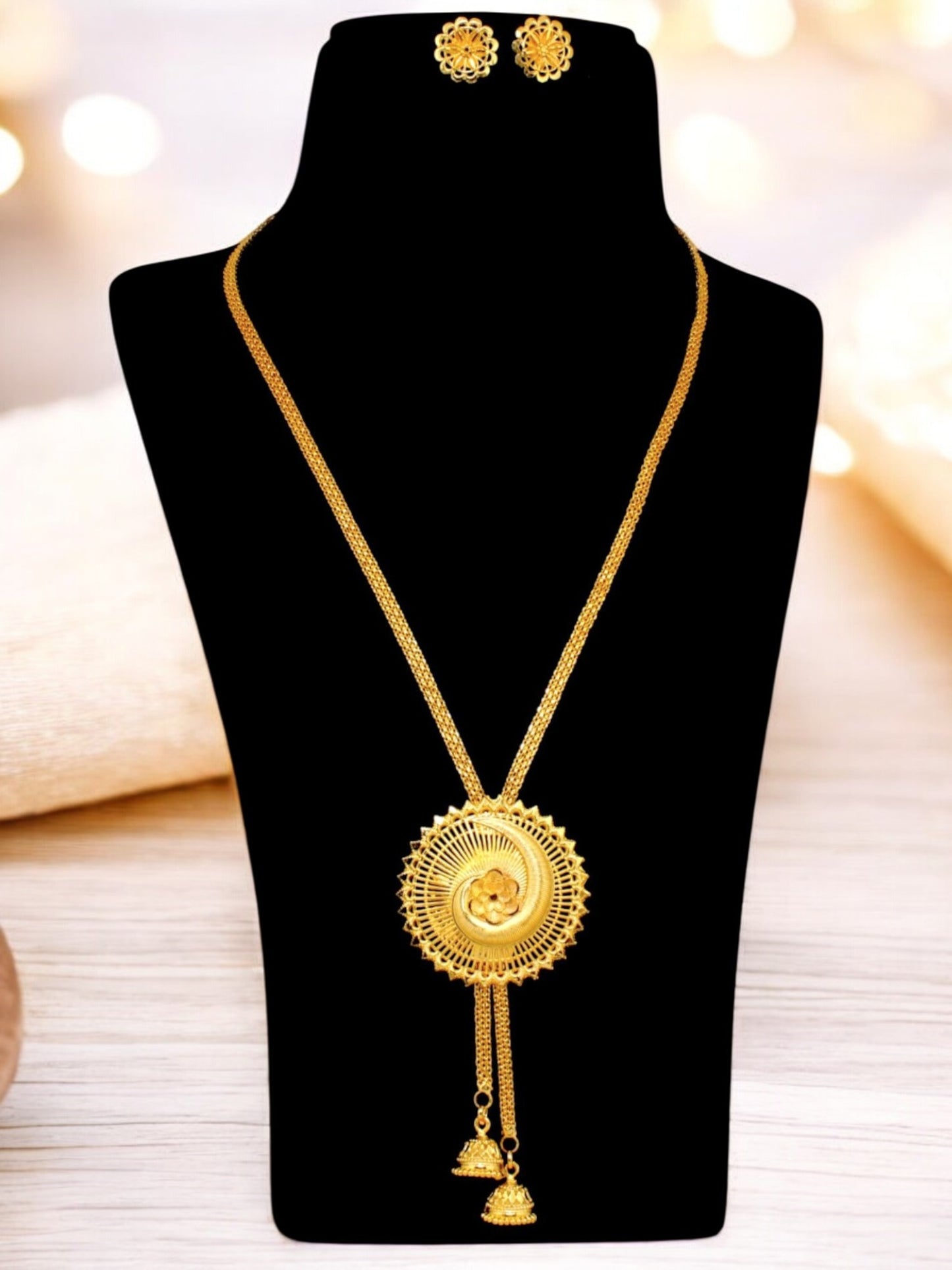 18K Gold-Plated Necklace with Earrings Long Pendant Set (347-M7SG-2042)