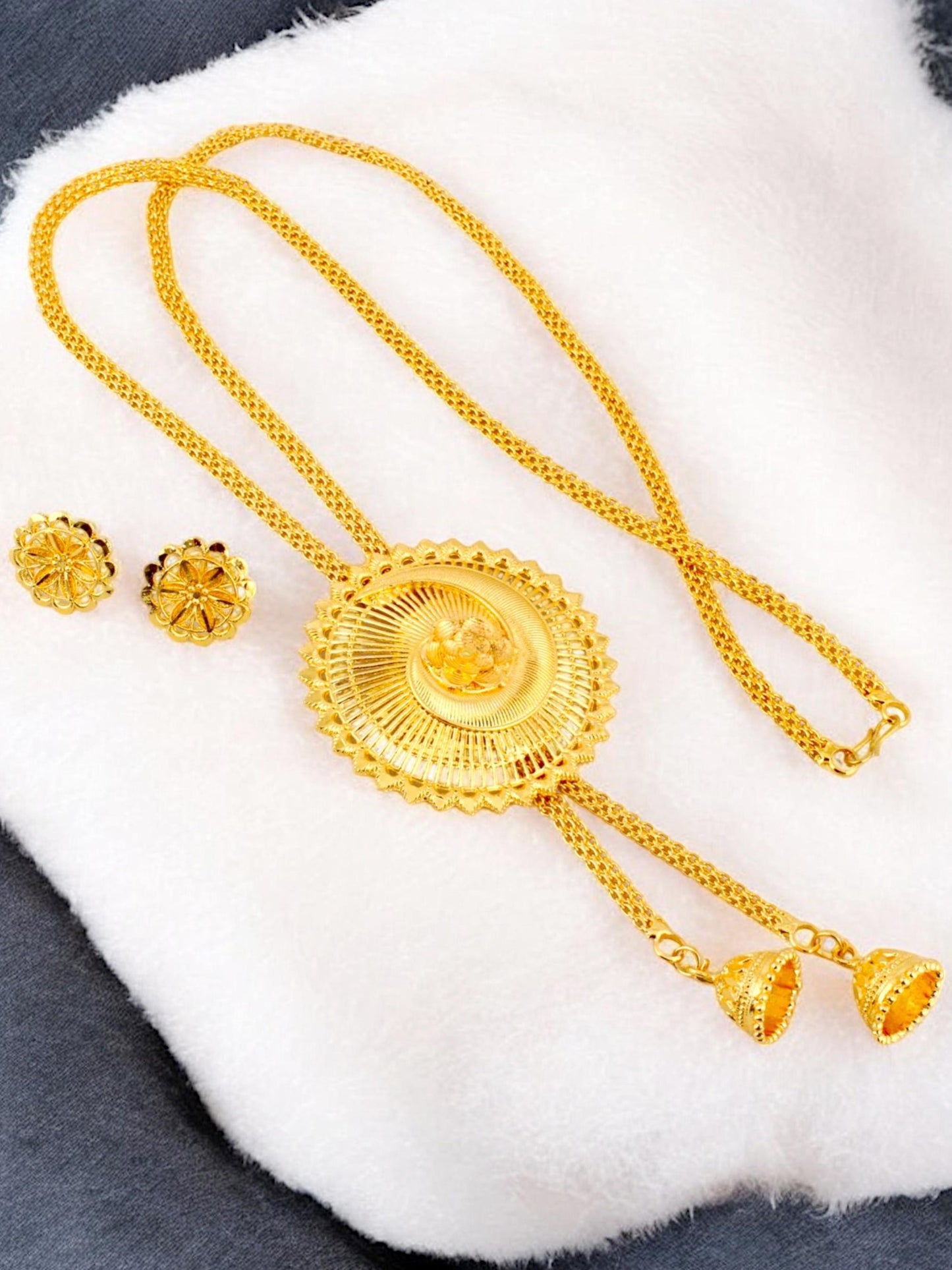 18K Gold-Plated Necklace with Earrings Long Pendant Set (347-M7SG-2042)
